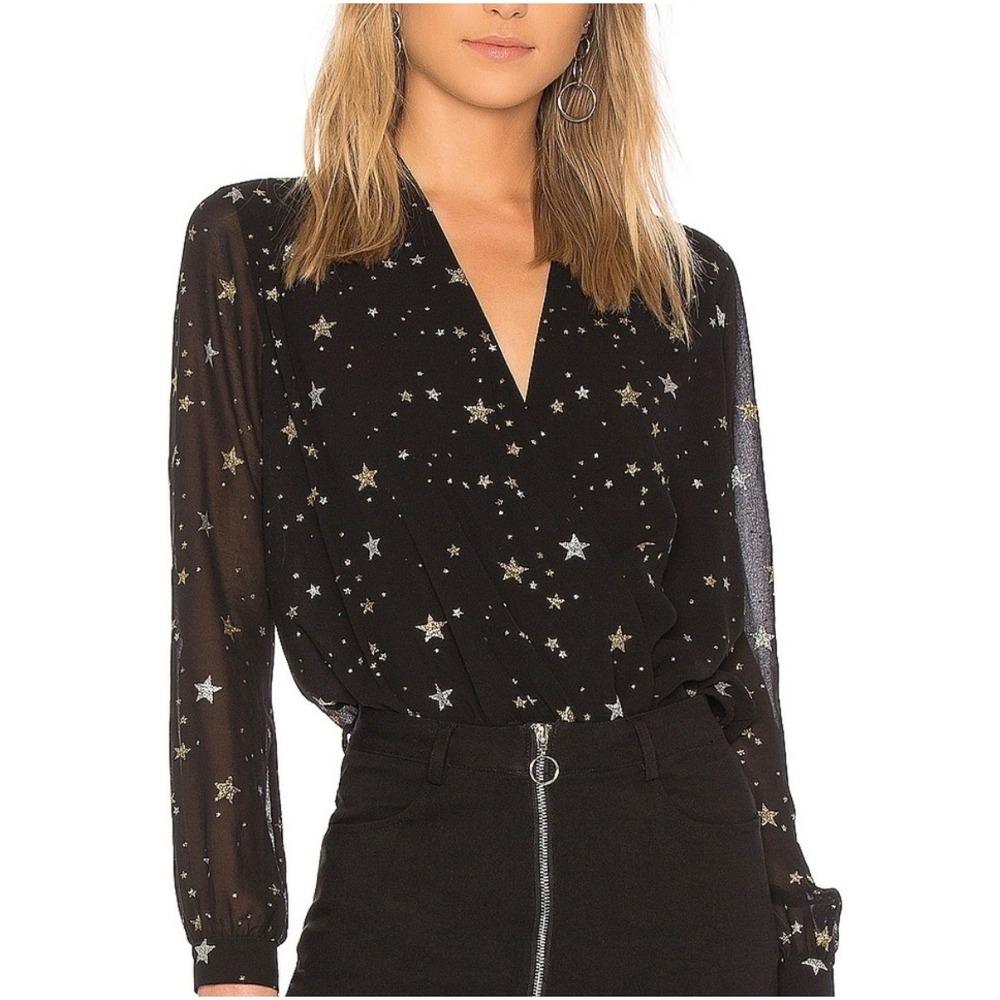 Lovers + Friends Black Gold Star Embroidered V-Neck Tie Front Crop Top Blouse M